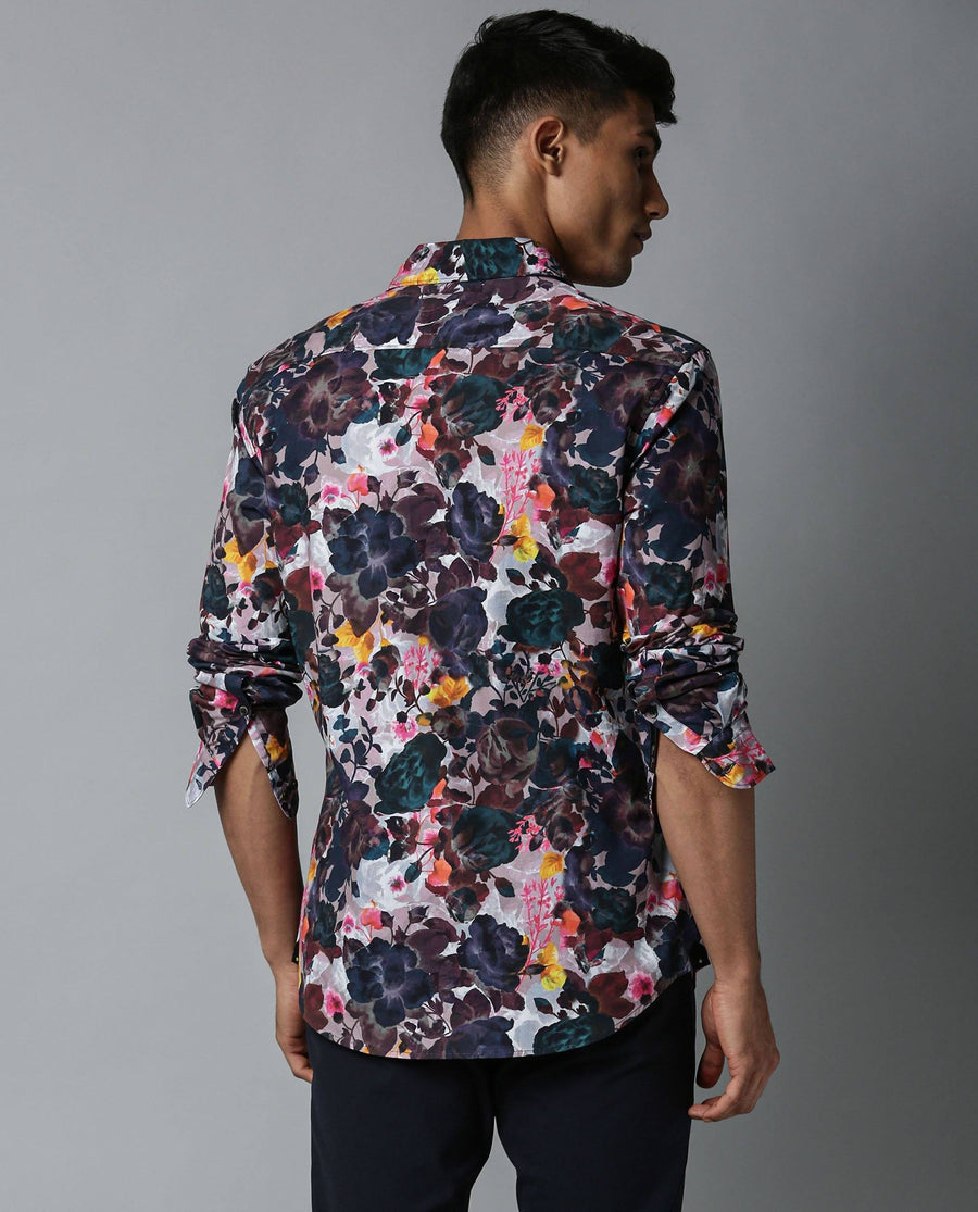 Rare Rabbit Men's Drakee White Cotton Floral Print Regular Fit Full Sleeve Collared Shirt