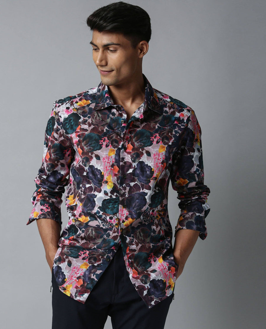 Rare Rabbit Men's Drakee White Cotton Floral Print Regular Fit Full Sleeve Collared Shirt