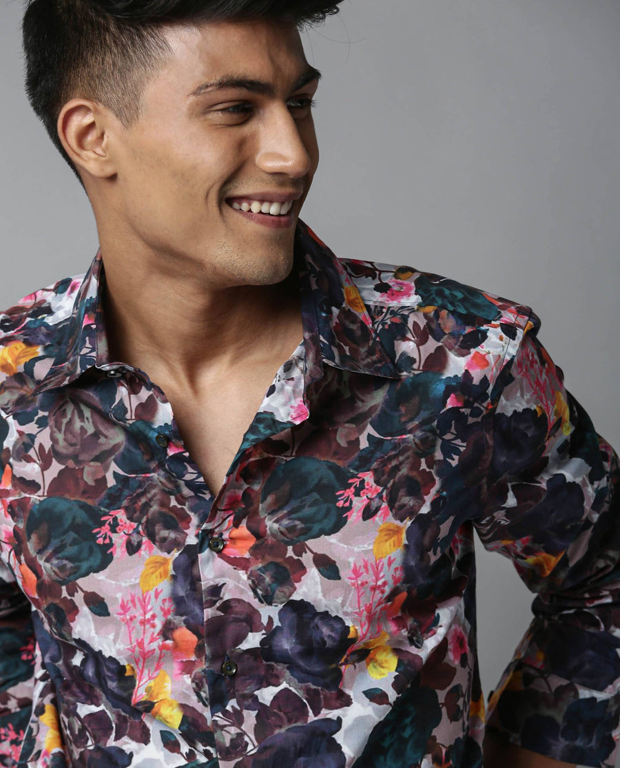 Rare Rabbit Men's Drakee White Cotton Floral Print Regular Fit Full Sleeve Collared Shirt