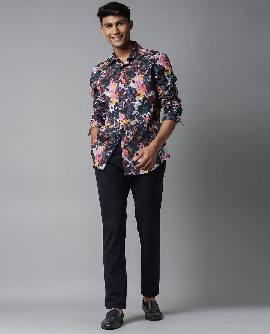 Rare Rabbit Men's Drakee White Cotton Floral Print Regular Fit Full Sleeve Collared Shirt