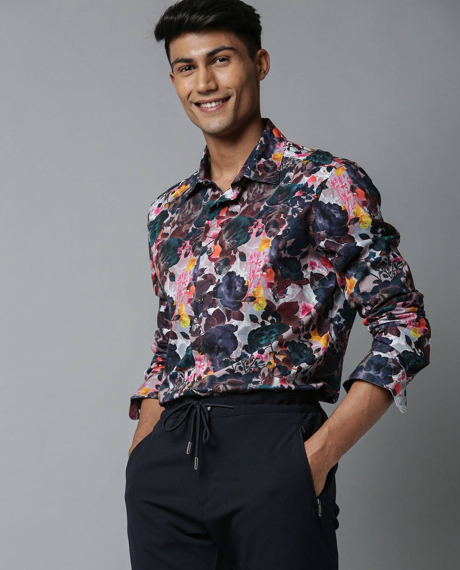 Rare Rabbit Men's Drakee White Cotton Floral Print Regular Fit Full Sleeve Collared Shirt