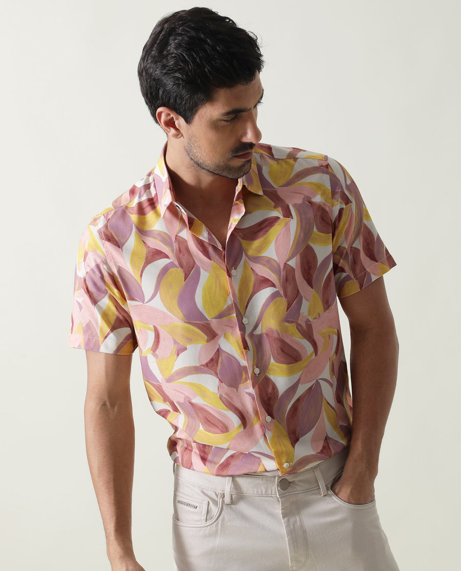 Rare Rabbit Men's Grafe Beige Viscose Tropical Print Regular Fit Half Sleeve Collared Shirt