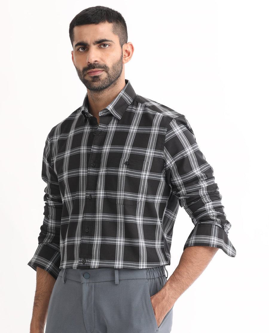 Rare Rabbit Men's Imperial Black Cotton Checked Print Regular Fit Full Sleeve Collared Shirt