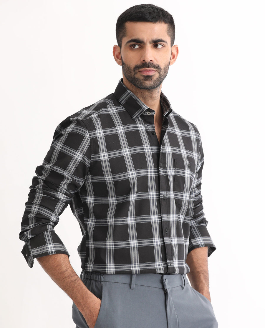 Rare Rabbit Men's Imperial Black Cotton Checked Print Regular Fit Full Sleeve Collared Shirt