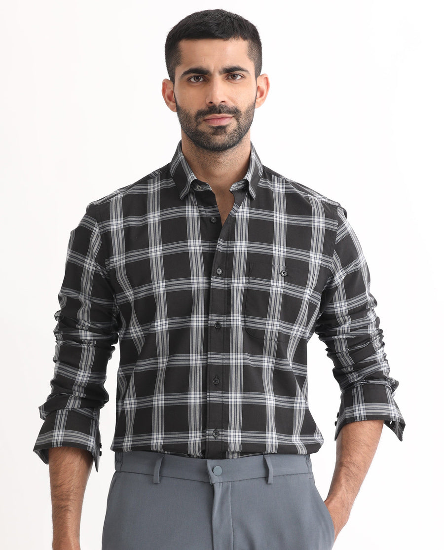 Rare Rabbit Men's Imperial Black Cotton Checked Print Regular Fit Full Sleeve Collared Shirt