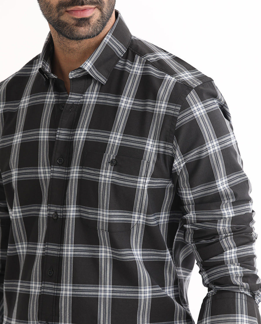 Rare Rabbit Men's Imperial Black Cotton Checked Print Regular Fit Full Sleeve Collared Shirt