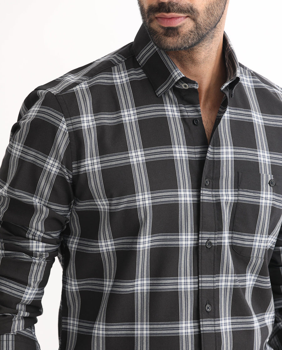 Rare Rabbit Men's Imperial Black Cotton Checked Print Regular Fit Full Sleeve Collared Shirt