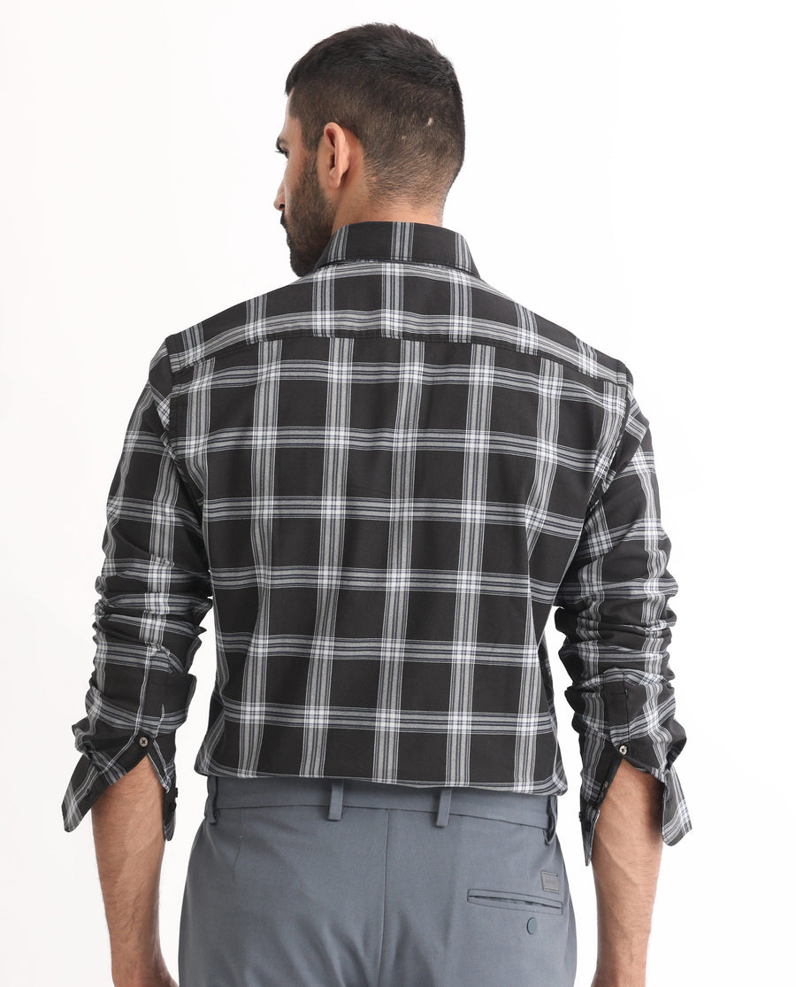 Rare Rabbit Men's Imperial Black Cotton Checked Print Regular Fit Full Sleeve Collared Shirt