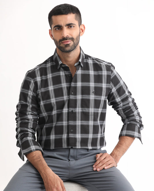 Rare Rabbit Men's Imperial Black Cotton Checked Print Regular Fit Full Sleeve Collared Shirt