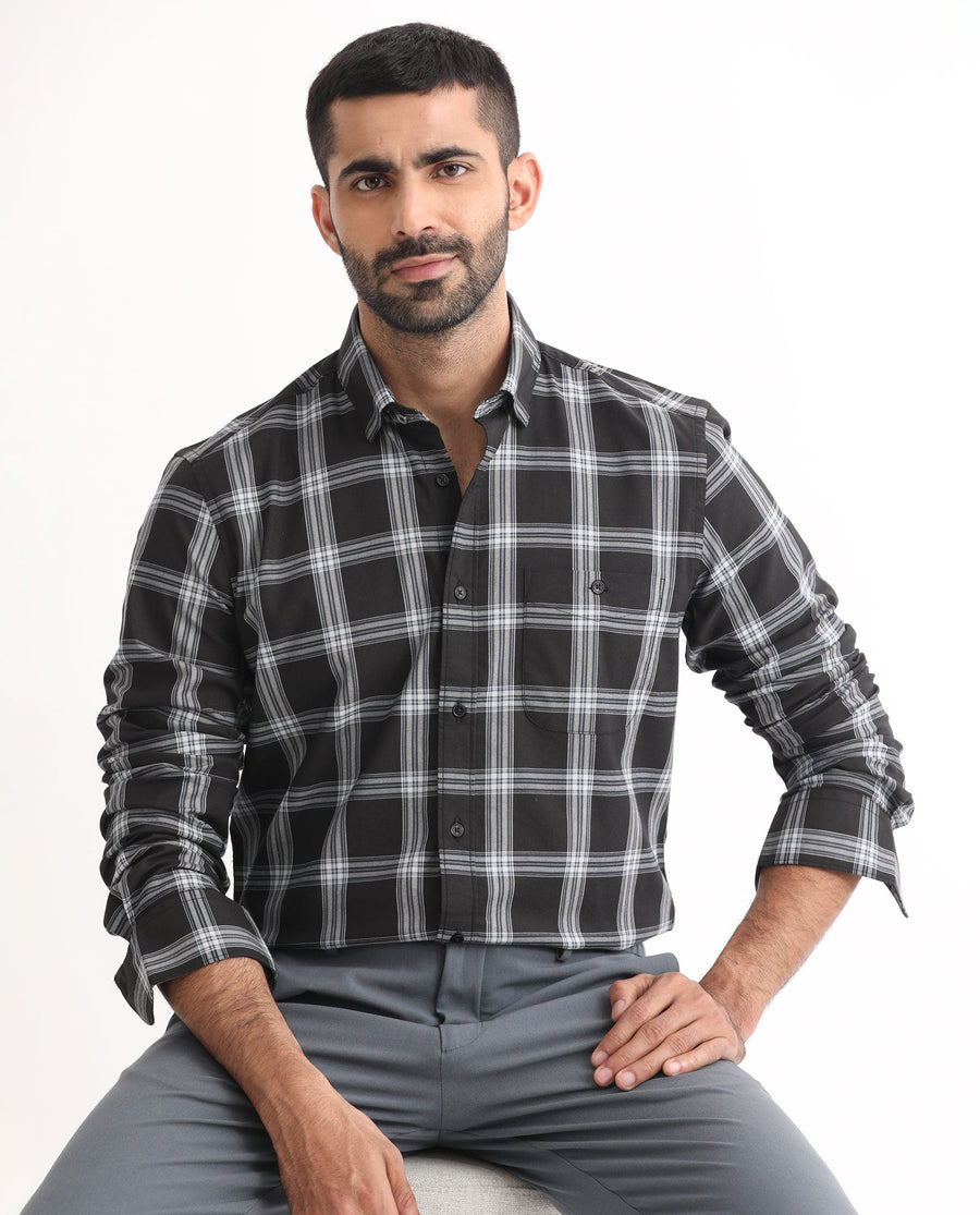 Rare Rabbit Men's Imperial Black Cotton Checked Print Regular Fit Full Sleeve Collared Shirt