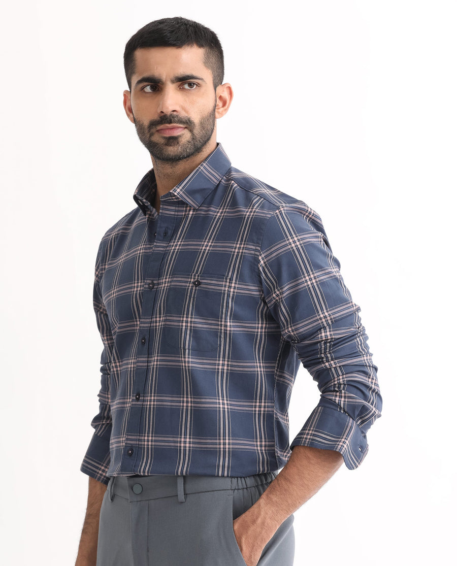 Rare Rabbit Men's Imperial Blue Cotton Checked Print Regular Fit Full Sleeve Collared Shirt