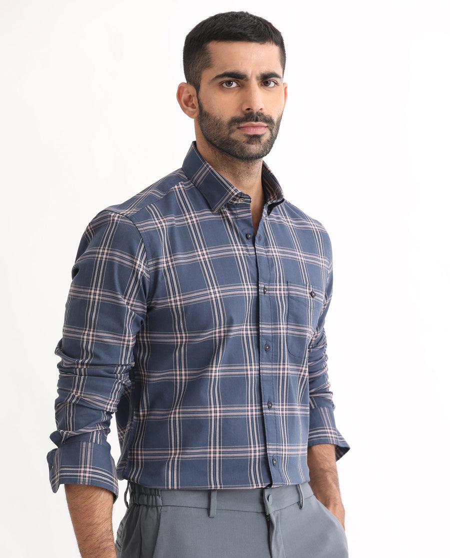Rare Rabbit Men's Imperial Blue Cotton Checked Print Regular Fit Full Sleeve Collared Shirt