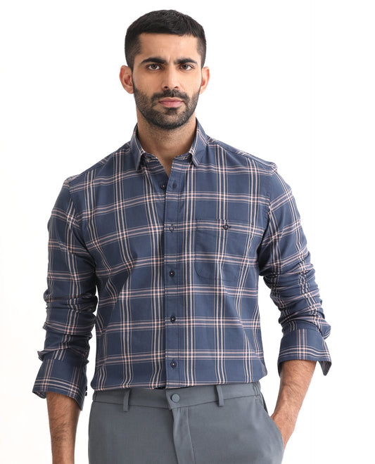 Rare Rabbit Men's Imperial Blue Cotton Checked Print Regular Fit Full Sleeve Collared Shirt