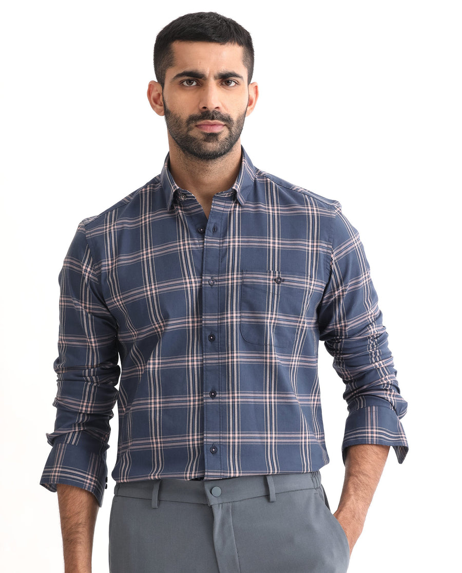 Rare Rabbit Men's Imperial Blue Cotton Checked Print Regular Fit Full Sleeve Collared Shirt