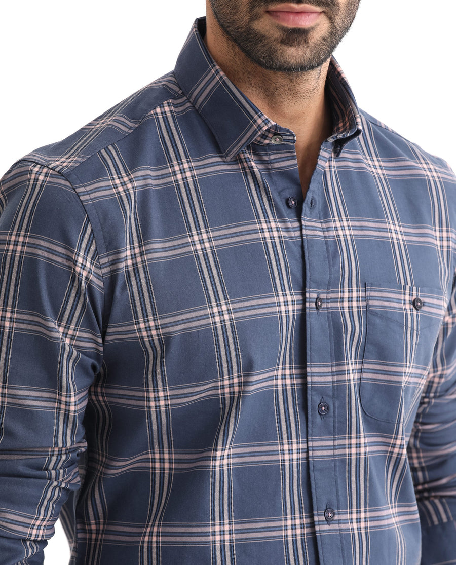 Rare Rabbit Men's Imperial Blue Cotton Checked Print Regular Fit Full Sleeve Collared Shirt