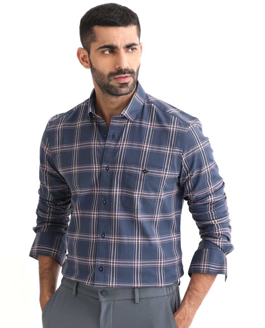 Rare Rabbit Men's Imperial Blue Cotton Checked Print Regular Fit Full Sleeve Collared Shirt