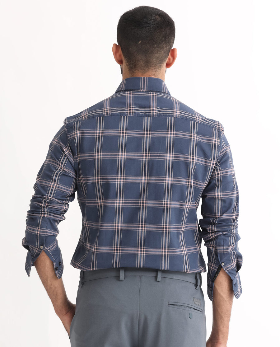 Rare Rabbit Men's Imperial Blue Cotton Checked Print Regular Fit Full Sleeve Collared Shirt
