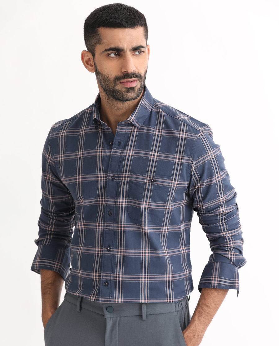 Rare Rabbit Men's Imperial Blue Cotton Checked Print Regular Fit Full Sleeve Collared Shirt