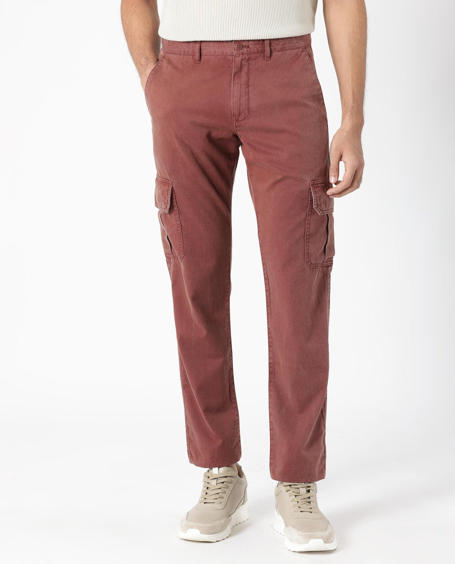 Rare Rabbit Men's Inbuil Brown Cotton Plain Regular Fit Trouser
