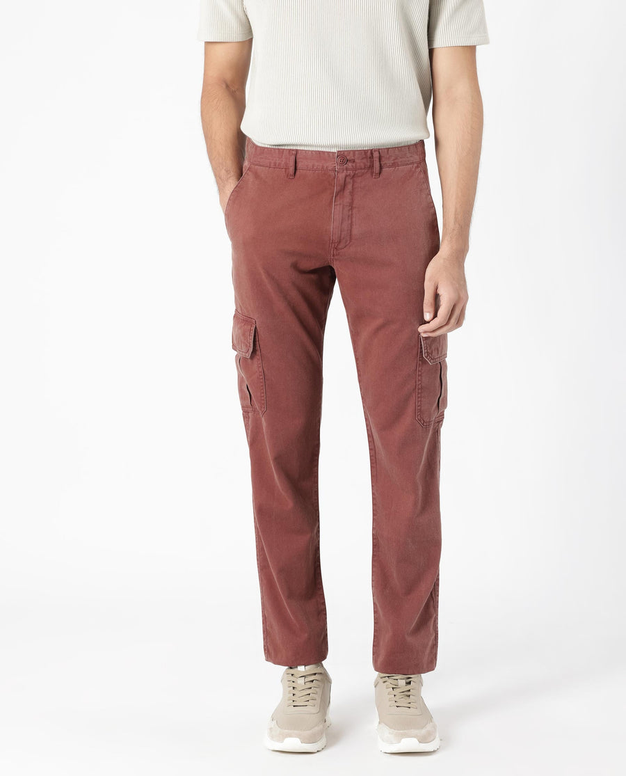 Rare Rabbit Men's Inbuil Brown Cotton Plain Regular Fit Trouser