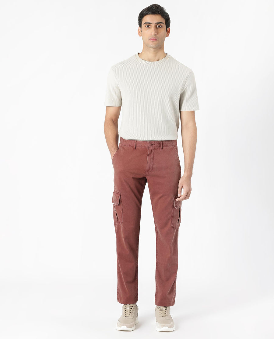 Rare Rabbit Men's Inbuil Brown Cotton Plain Regular Fit Trouser