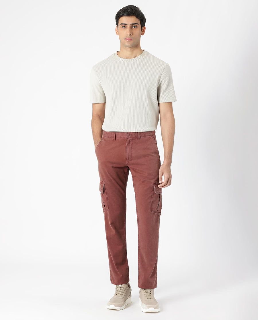 Rare Rabbit Men's Inbuil Brown Cotton Plain Regular Fit Trouser
