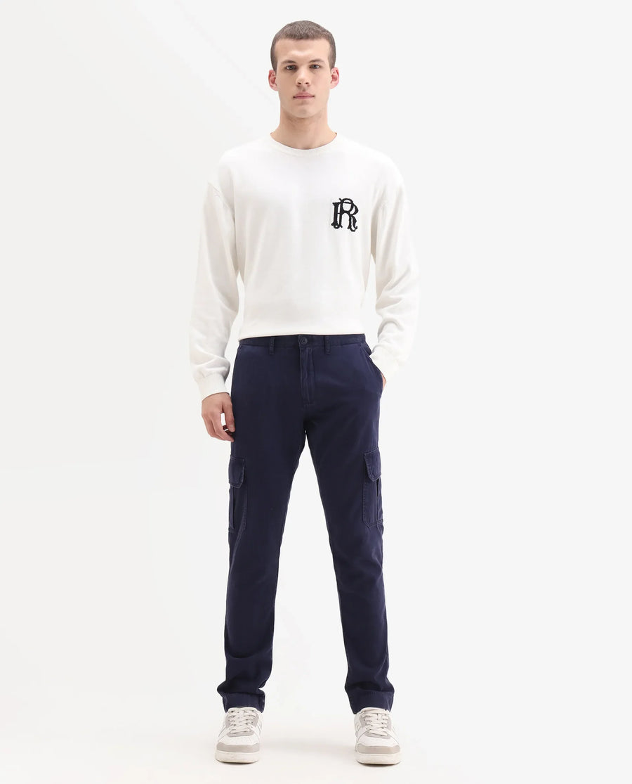 Rare Rabbit Men's Inbuil Navy Cotton Plain Regular Fit Trouser