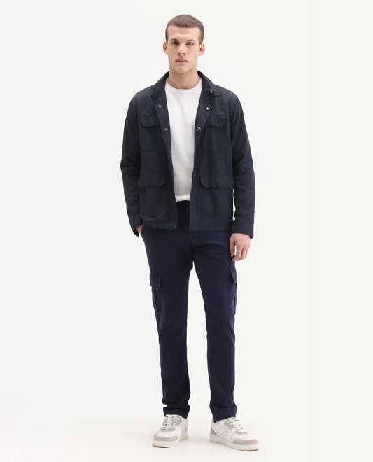 Rare Rabbit Men's Inbuil Navy Cotton Plain Regular Fit Trouser