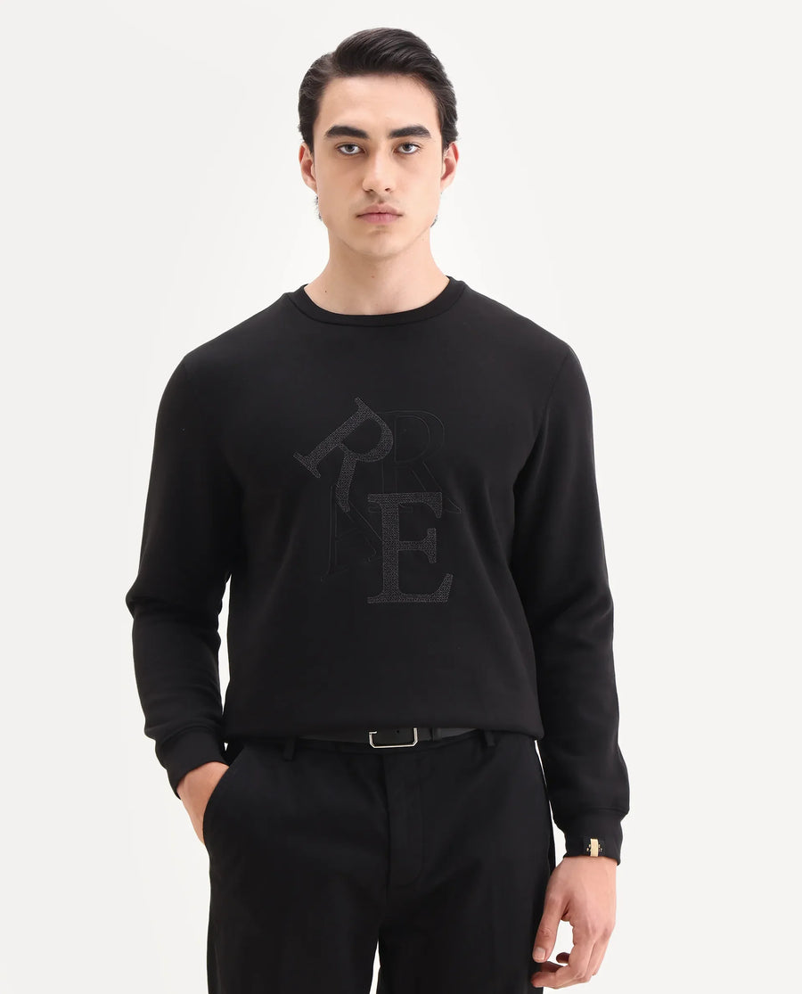 Rare Rabbit Men's Ingrid Black Cotton Embroidered Regular Fit Full Sleeve Crew Neck Sweatshirt