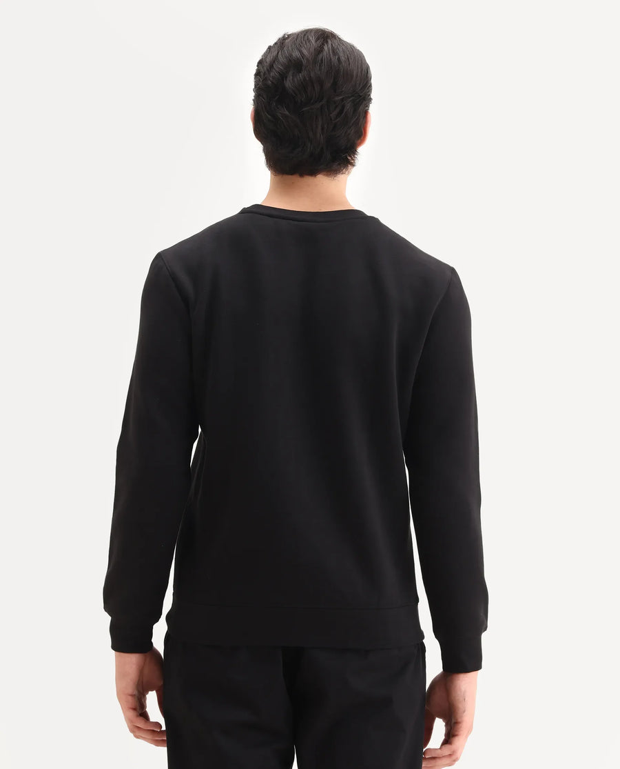 Rare Rabbit Men's Ingrid Black Cotton Embroidered Regular Fit Full Sleeve Crew Neck Sweatshirt