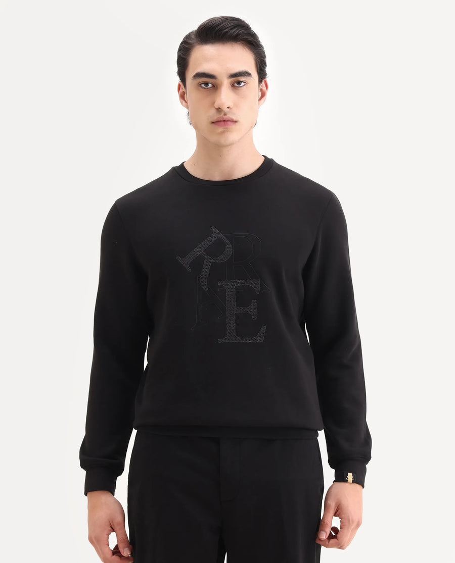 Rare Rabbit Men's Ingrid Black Cotton Embroidered Regular Fit Full Sleeve Crew Neck Sweatshirt