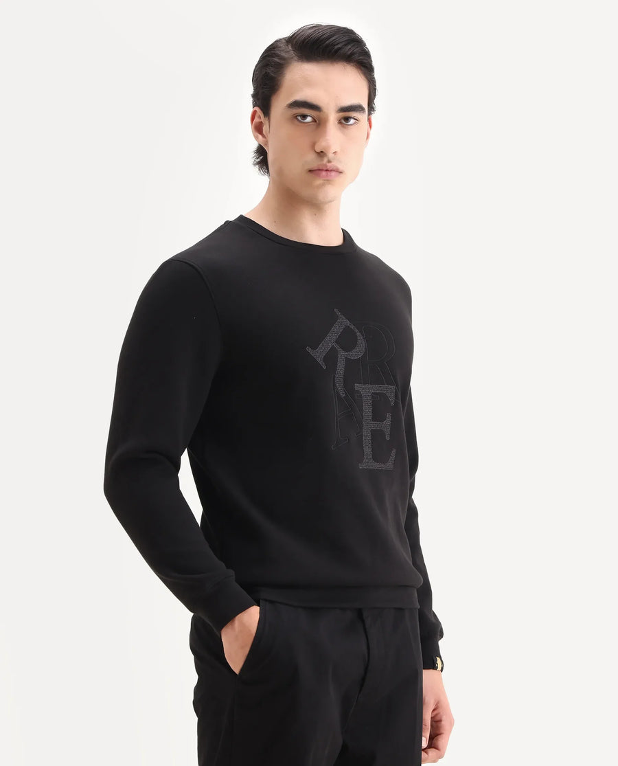 Rare Rabbit Men's Ingrid Black Cotton Embroidered Regular Fit Full Sleeve Crew Neck Sweatshirt