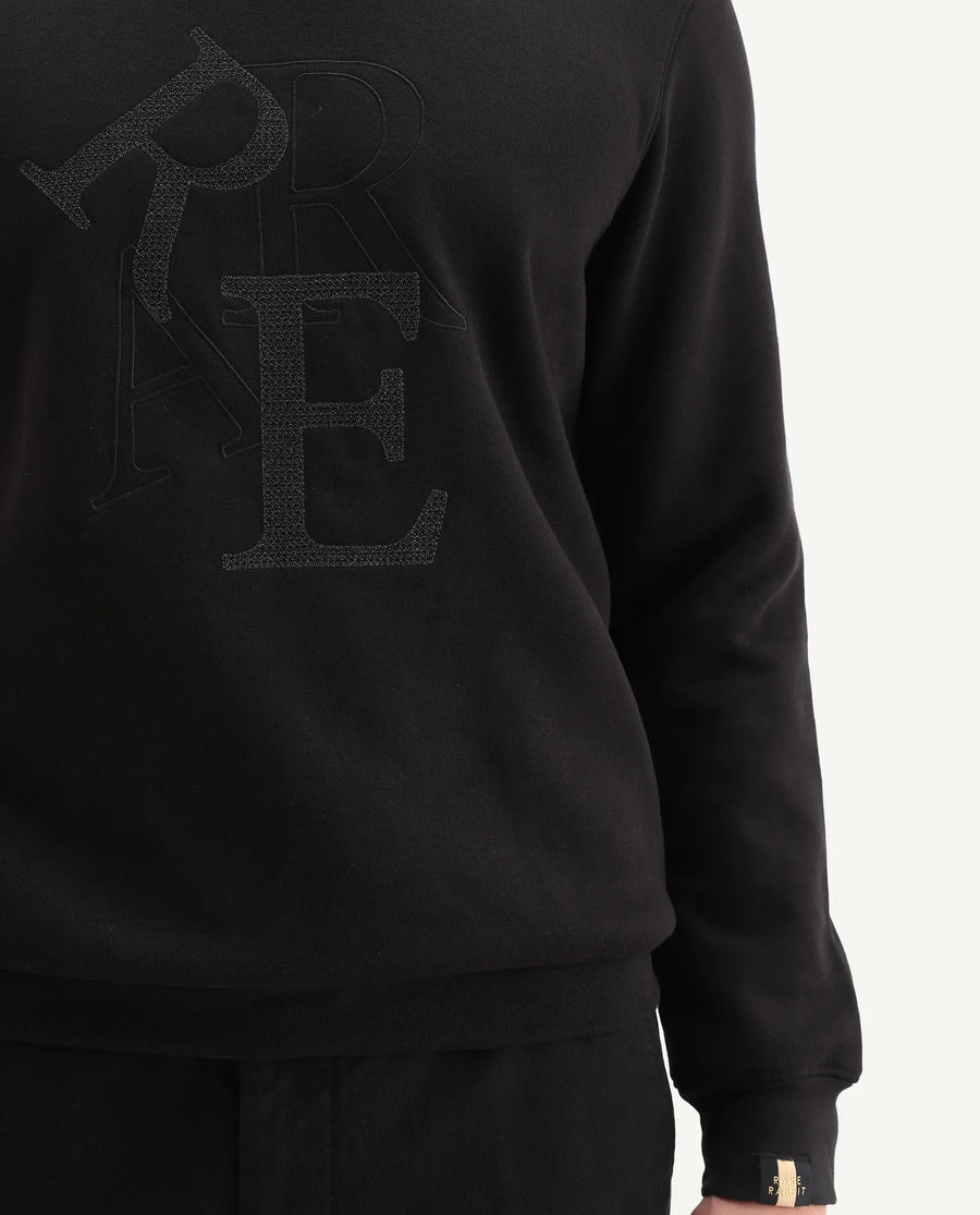 Rare Rabbit Men's Ingrid Black Cotton Embroidered Regular Fit Full Sleeve Crew Neck Sweatshirt