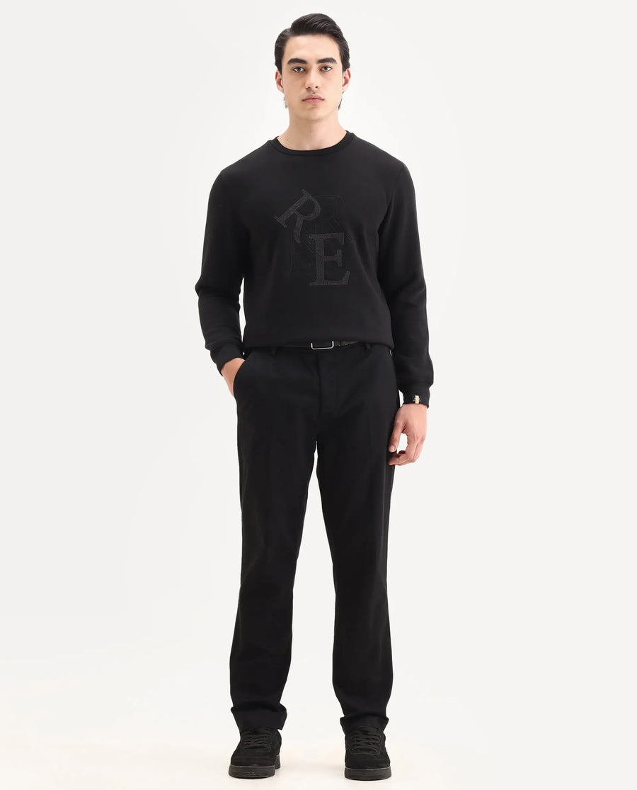 Rare Rabbit Men's Ingrid Black Cotton Embroidered Regular Fit Full Sleeve Crew Neck Sweatshirt