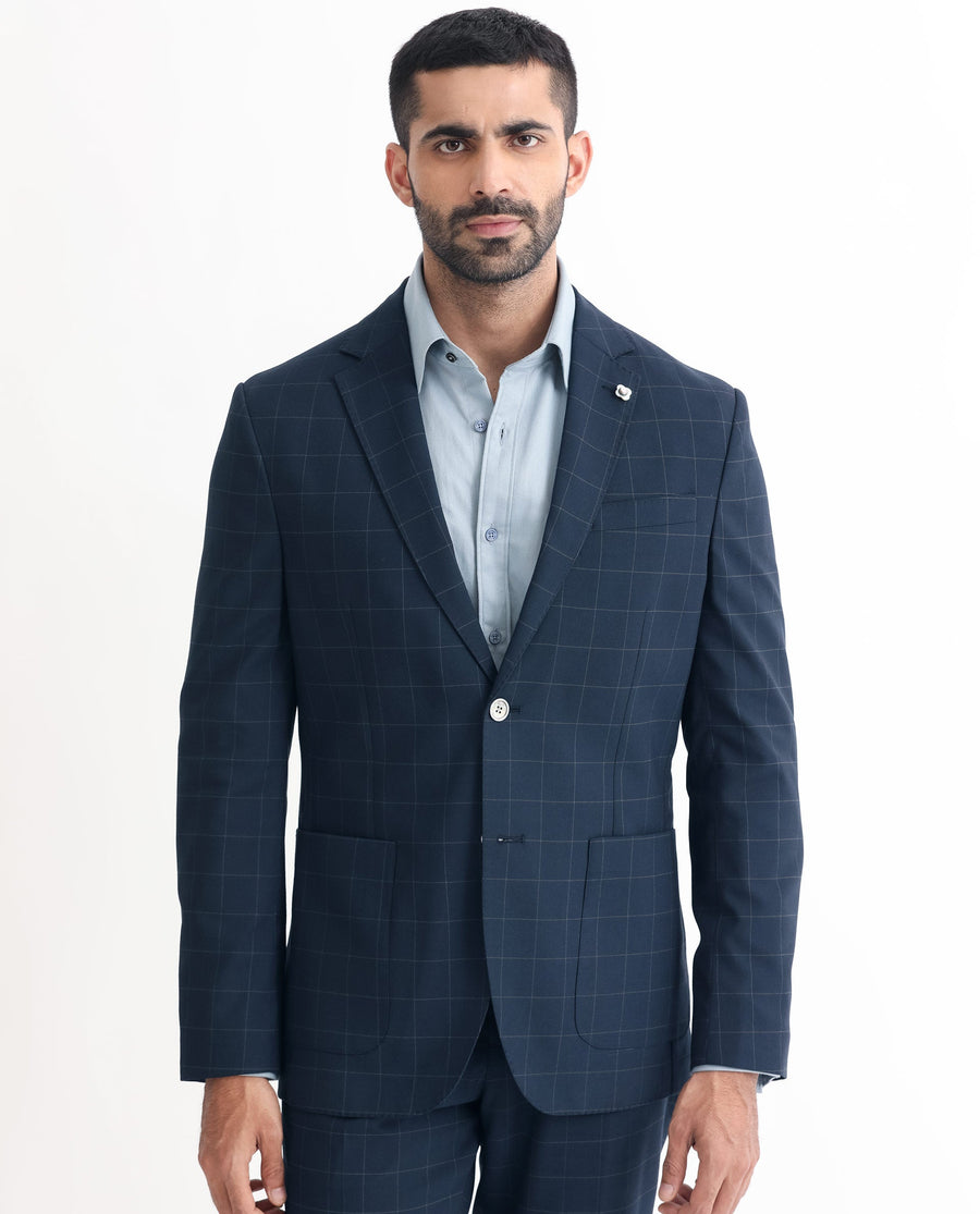 Rare Rabbit Men's Inlet Dark Navy Polyester Checked Print Tailored Fit Full Sleeve Lapel Neck Suits
