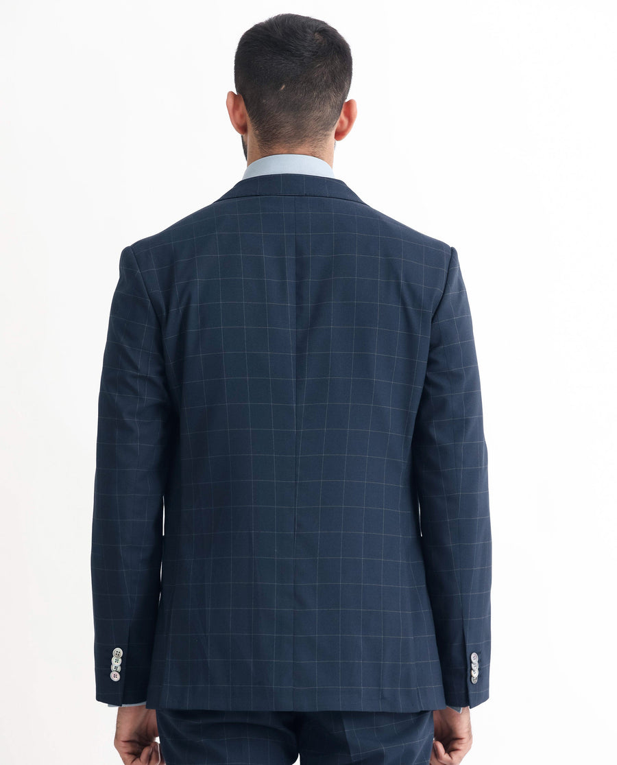 Rare Rabbit Men's Inlet Dark Navy Polyester Checked Print Tailored Fit Full Sleeve Lapel Neck Suits