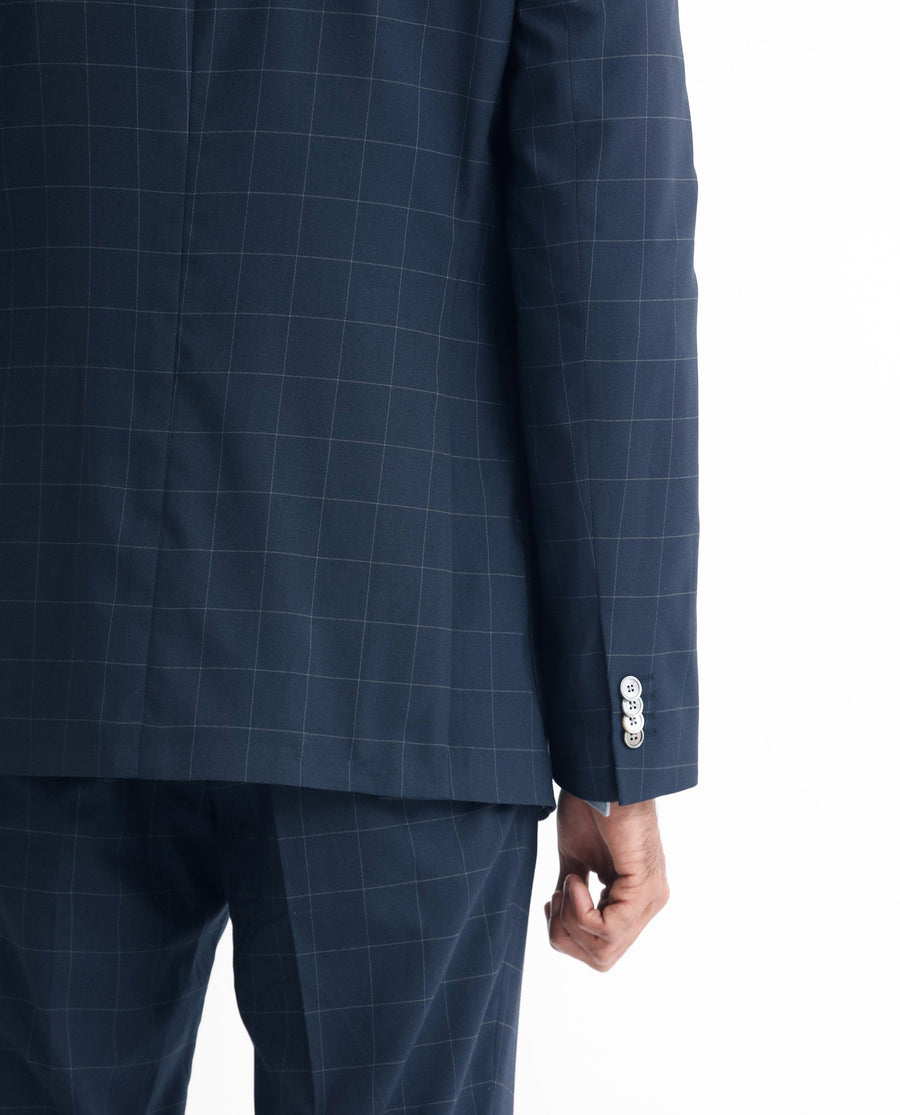 Rare Rabbit Men's Inlet Dark Navy Polyester Checked Print Tailored Fit Full Sleeve Lapel Neck Suits