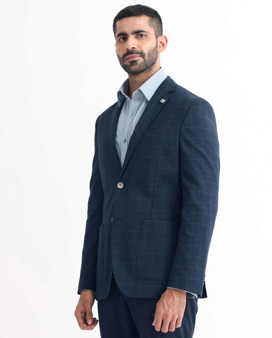 Rare Rabbit Men's Inlet Dark Navy Polyester Checked Print Tailored Fit Full Sleeve Lapel Neck Suits