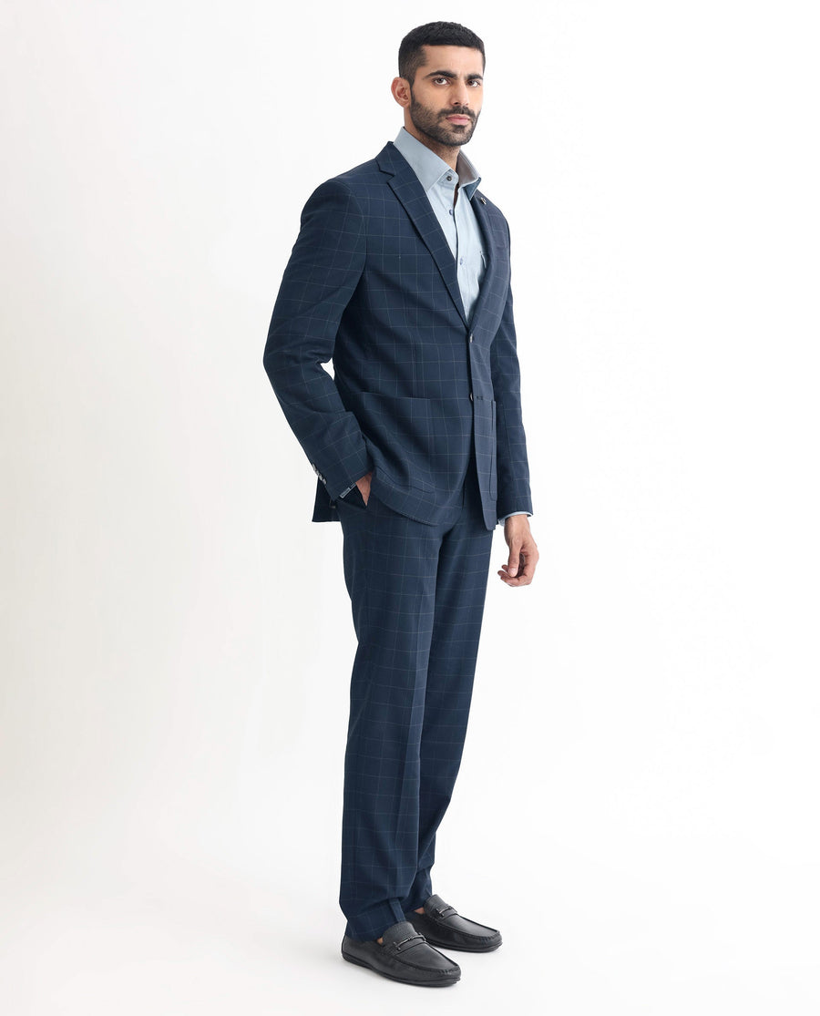 Rare Rabbit Men's Inlet Dark Navy Polyester Checked Print Tailored Fit Full Sleeve Lapel Neck Suits