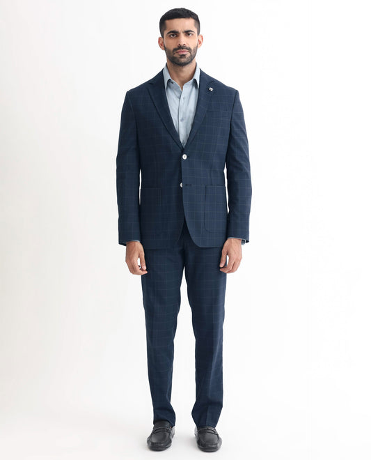Rare Rabbit Men's Inlet Dark Navy Polyester Checked Print Tailored Fit Full Sleeve Lapel Neck Suits