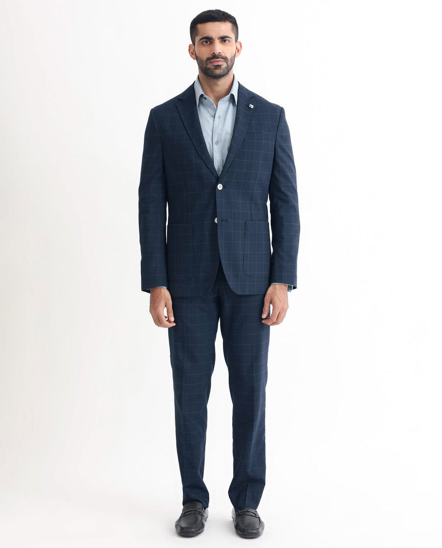 Rare Rabbit Men's Inlet Dark Navy Polyester Checked Print Tailored Fit Full Sleeve Lapel Neck Suits
