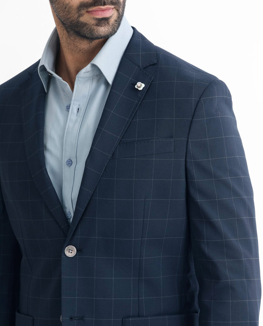 Rare Rabbit Men's Inlet Dark Navy Polyester Checked Print Tailored Fit Full Sleeve Lapel Neck Suits