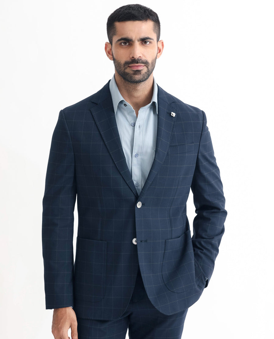 Rare Rabbit Men's Inlet Dark Navy Polyester Checked Print Tailored Fit Full Sleeve Lapel Neck Suits