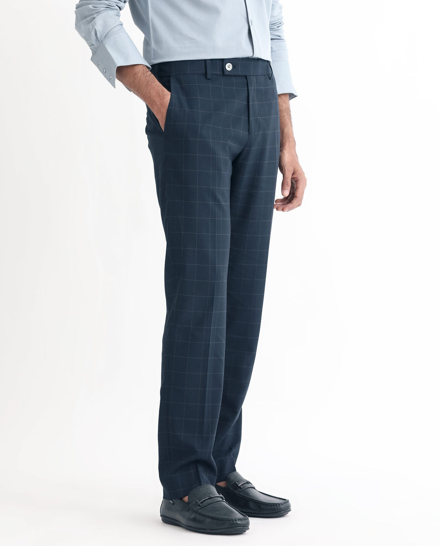 Rare Rabbit Men's Inlet Dark Navy Polyester Checked Print Tailored Fit Full Sleeve Lapel Neck Suits