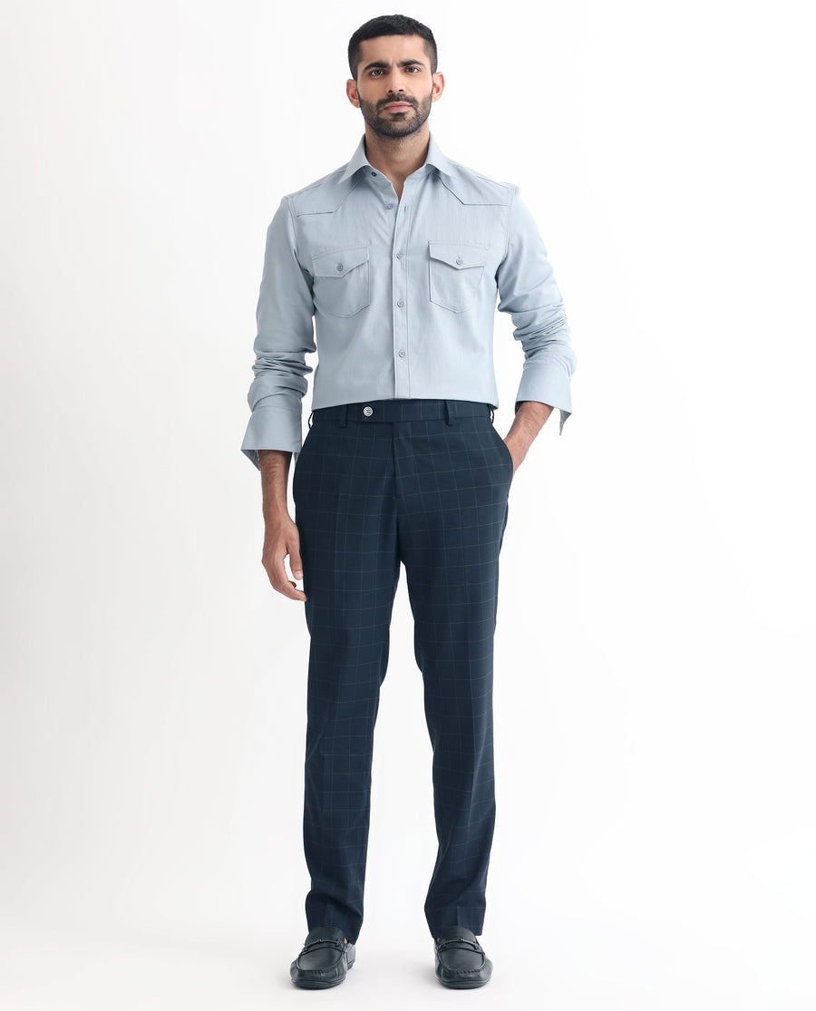 Rare Rabbit Men's Inlet Dark Navy Polyester Checked Print Tailored Fit Full Sleeve Lapel Neck Suits