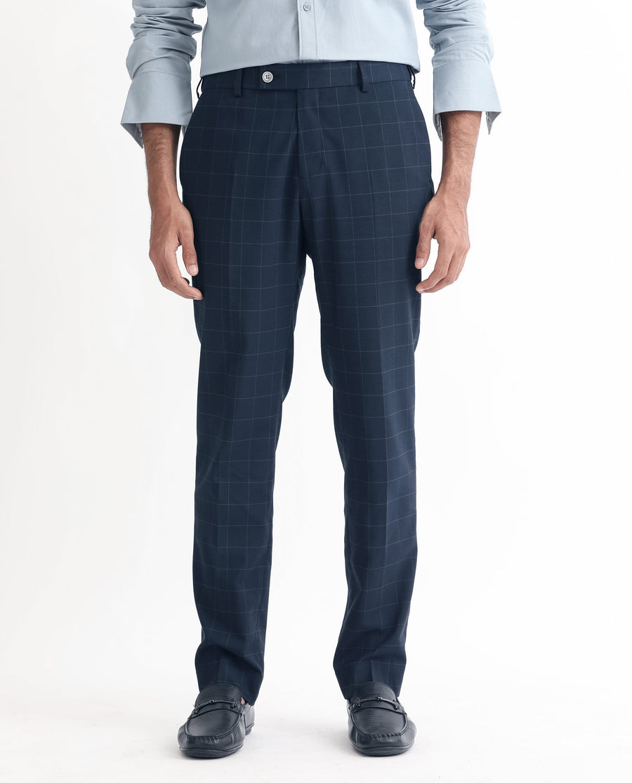 Rare Rabbit Men's Inlet Dark Navy Polyester Checked Print Tailored Fit Full Sleeve Lapel Neck Suits