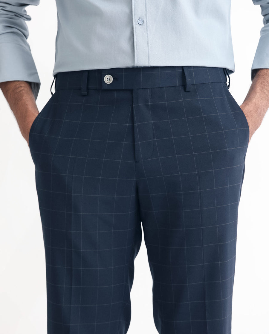 Rare Rabbit Men's Inlet Dark Navy Polyester Checked Print Tailored Fit Full Sleeve Lapel Neck Suits