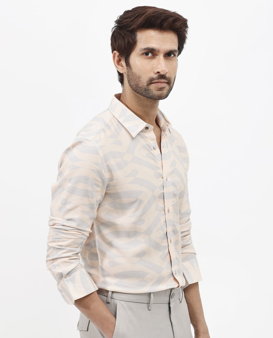 Rare Rabbit Men's Inot Pastel Peach Viscose Abstract Print Regular Fit Full Sleeve Collared Shirt