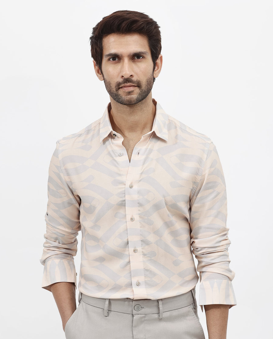Rare Rabbit Men's Inot Pastel Peach Viscose Abstract Print Regular Fit Full Sleeve Collared Shirt
