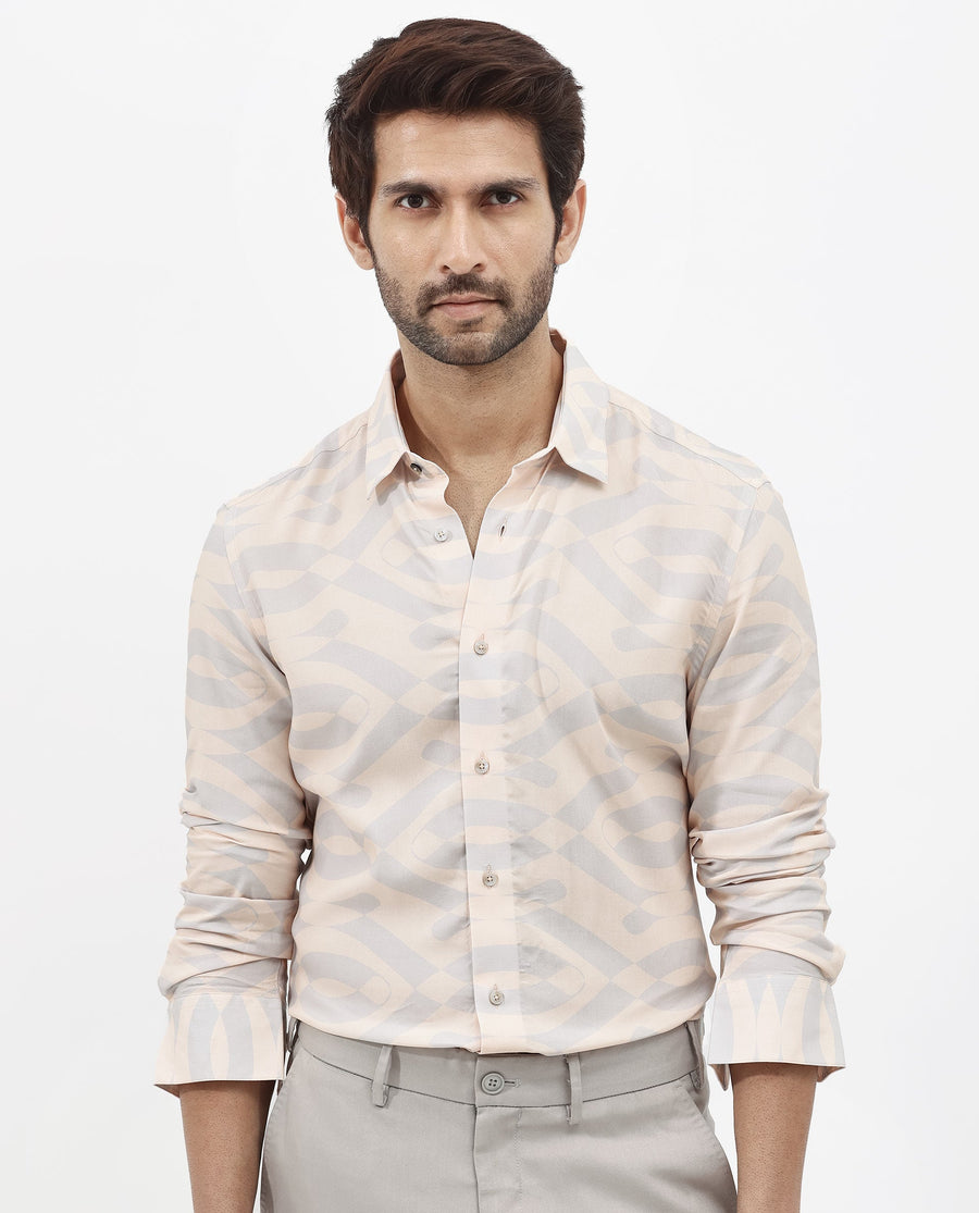Rare Rabbit Men's Inot Pastel Peach Viscose Abstract Print Regular Fit Full Sleeve Collared Shirt